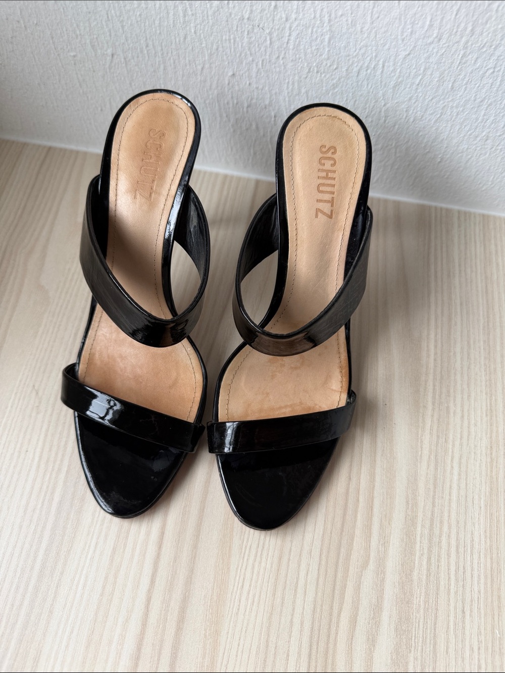 SCHUTZ Black Patent Leather Double-Strap Heeled Slides